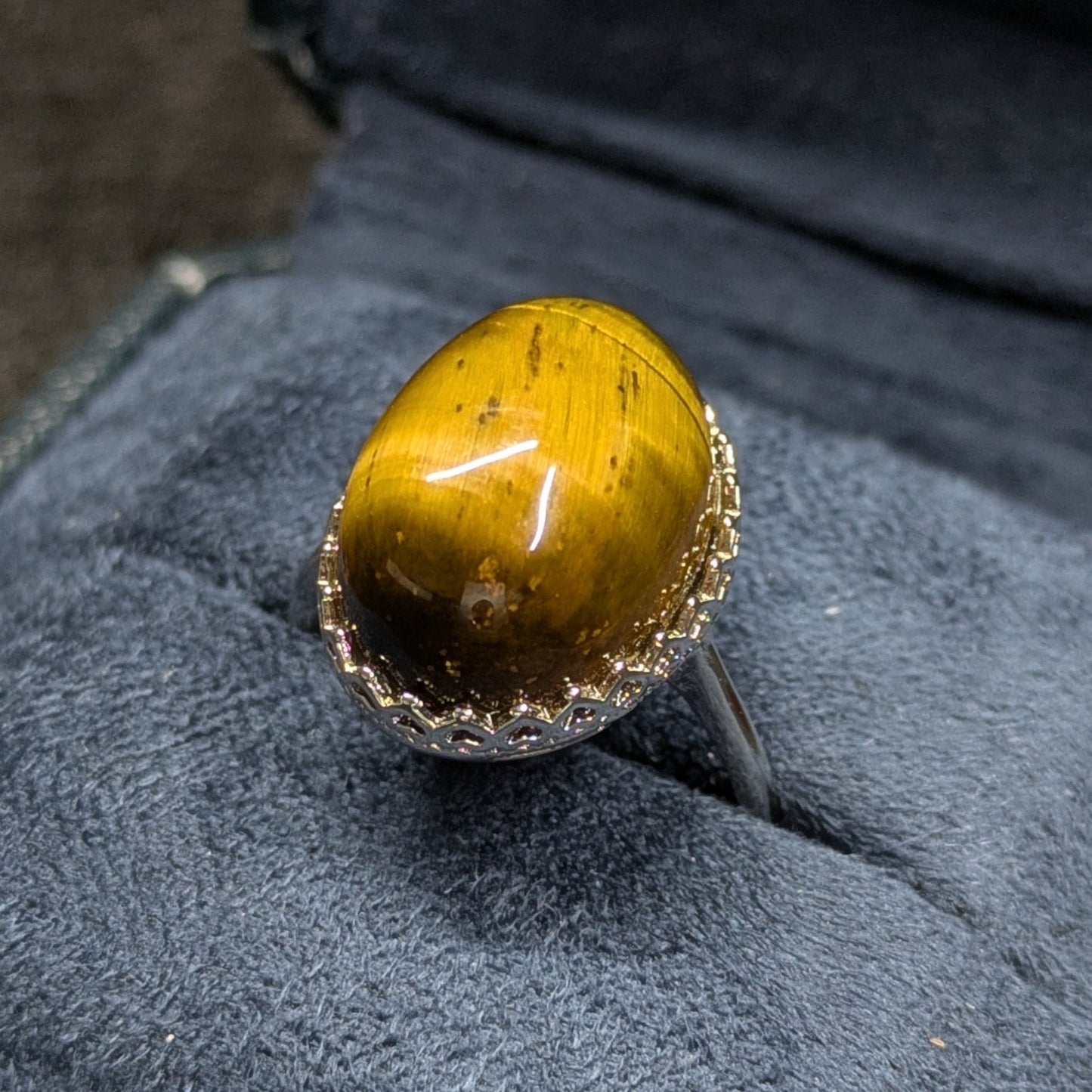 Yellow Tiger's Eye Natural Crystal Cabochon Adjustable Ring