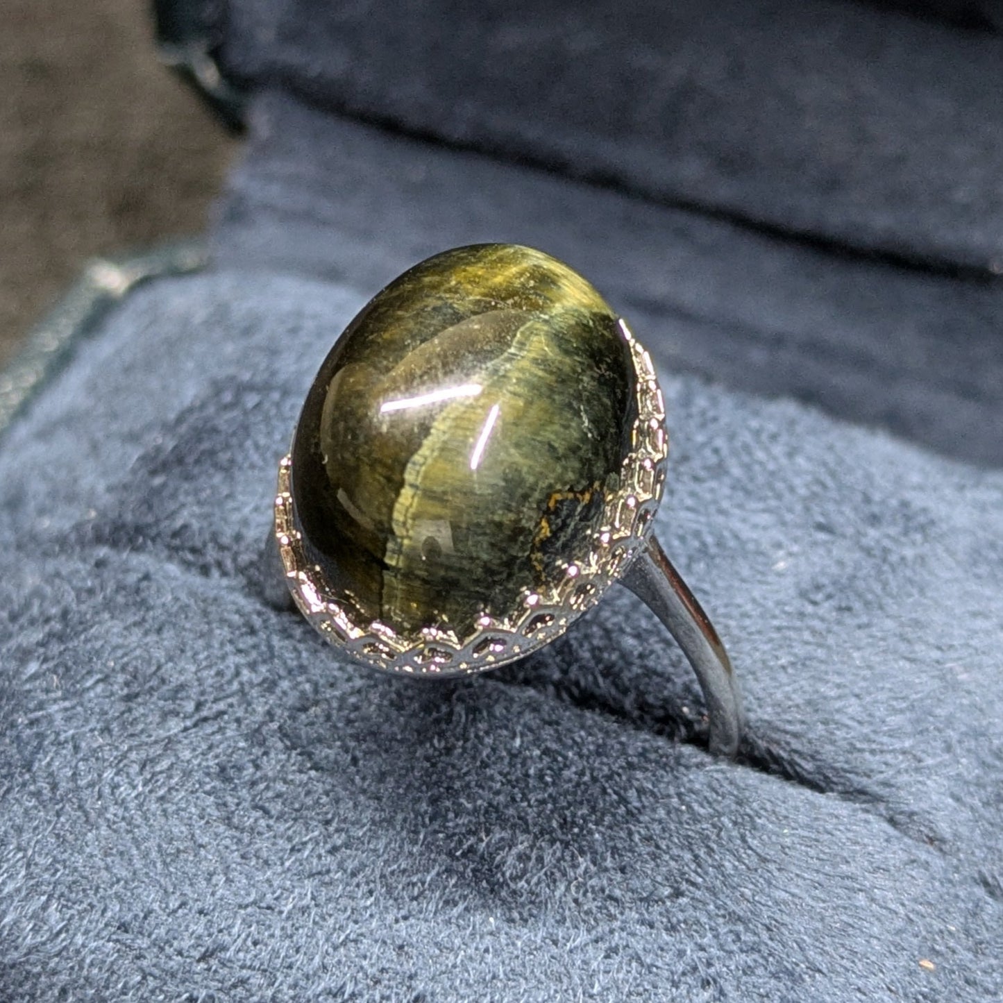 Blue Tiger's Eye Natural Crystal Cabochon Adjustable Ring