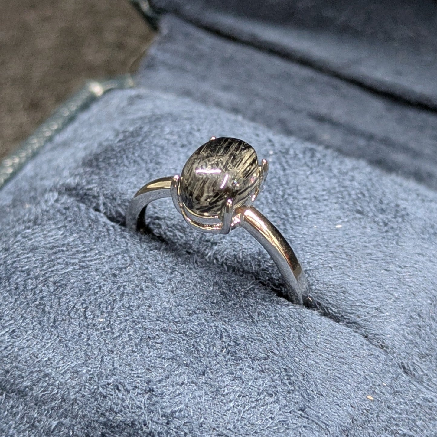 Tourmalinated Quartz Natural Crystal Cabochon Adjustable Ring